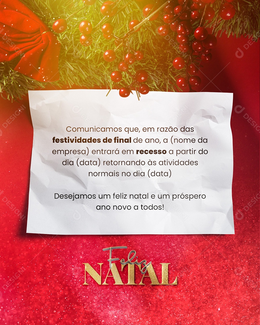 Comunicado Importante Entraremos em Recesso Feliz Natal Social Media PSD Editável