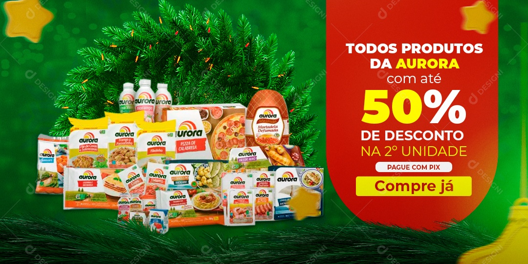 Banner Todos os Produtos da Aurora com Até 50% de Desconto Feliz Natal Social Media PSD Editável