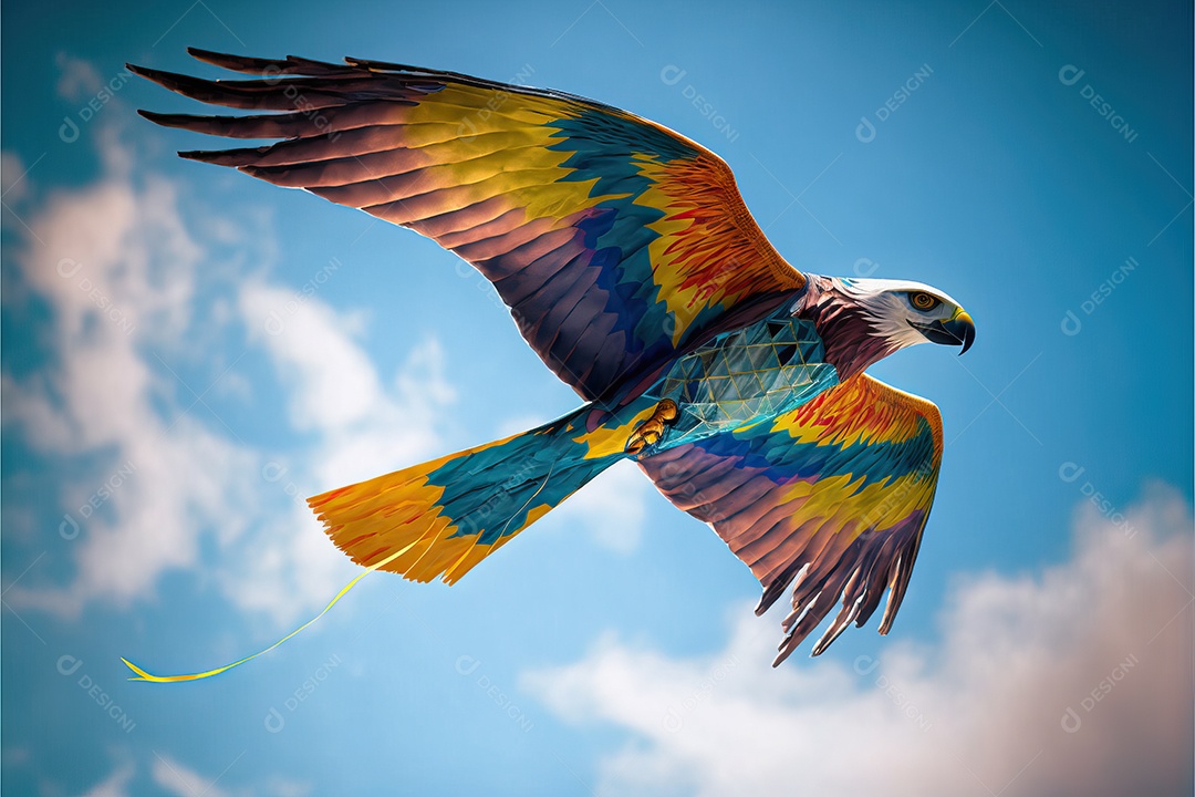 An eagle kite flying in the blue sky among clouds in concept for the international kite festival.