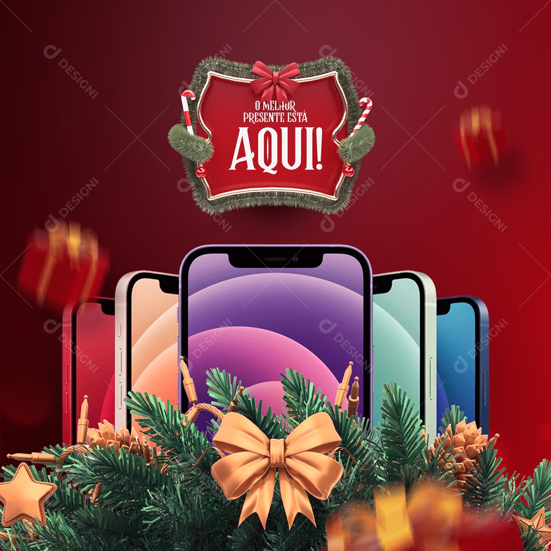 Oferta de Natal O Melhor Presente Está Aqui Varejo de Celulares Social Media PSD Editável