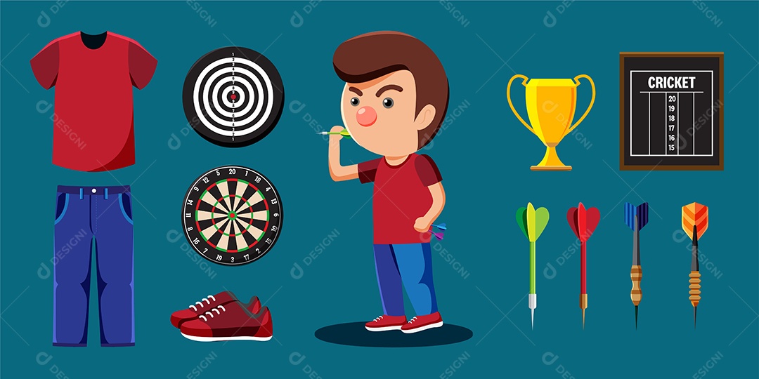 Drawing of Dart Player and Equipment Set Vector EPS