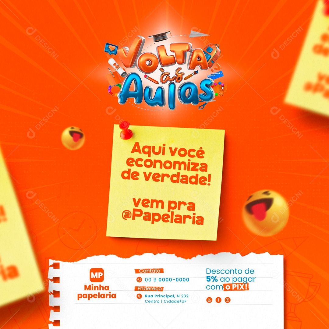 Campanha Publicitária Volta às Aulas Papelaria Aqui Você Economiza de Verdade Social Media PSD Editável