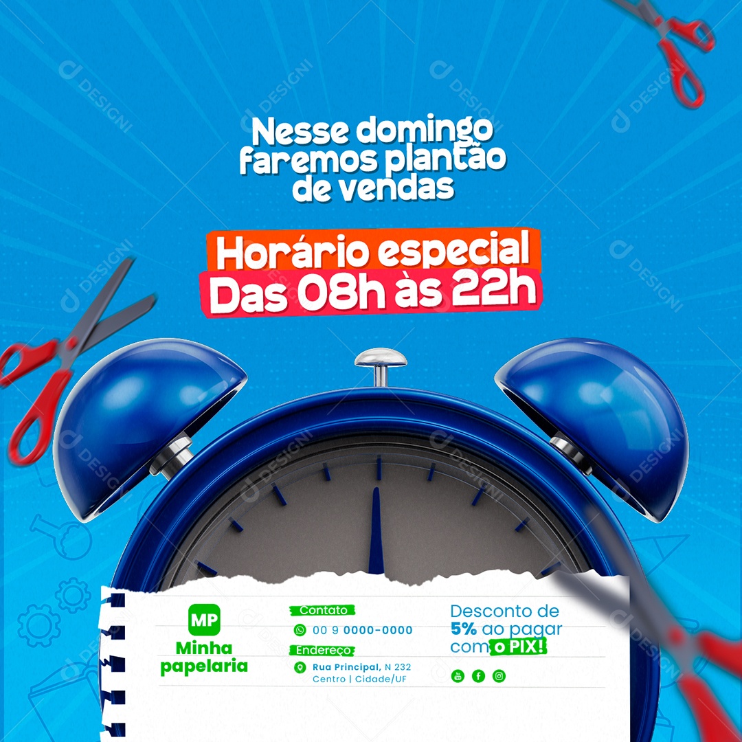 Campanha Publicitária Volta às Aulas Papelaria Horário Especial Social Media PSD Editável