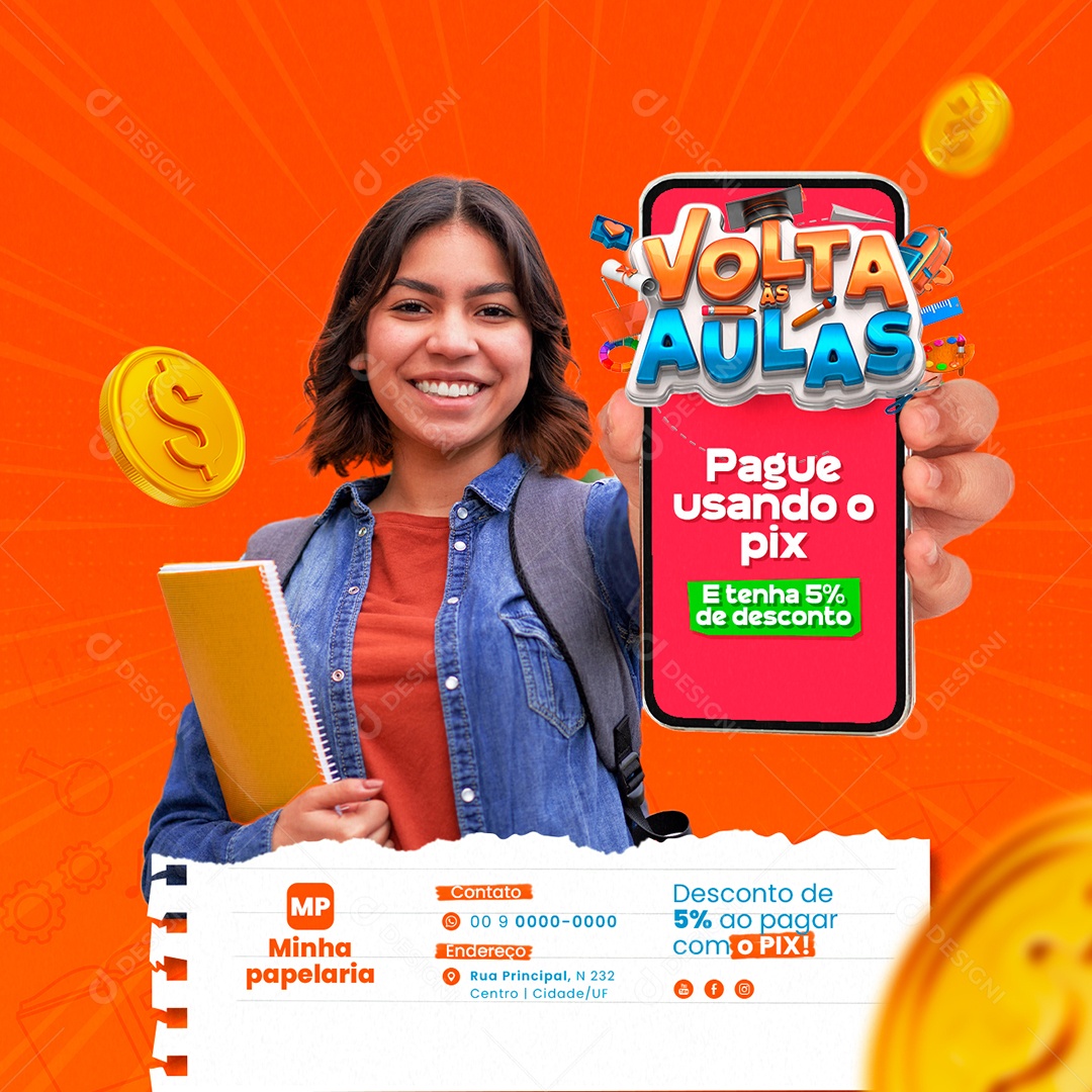 Campanha Publicitária Volta às Aulas Pague Usando o Pix Social Media PSD Editável