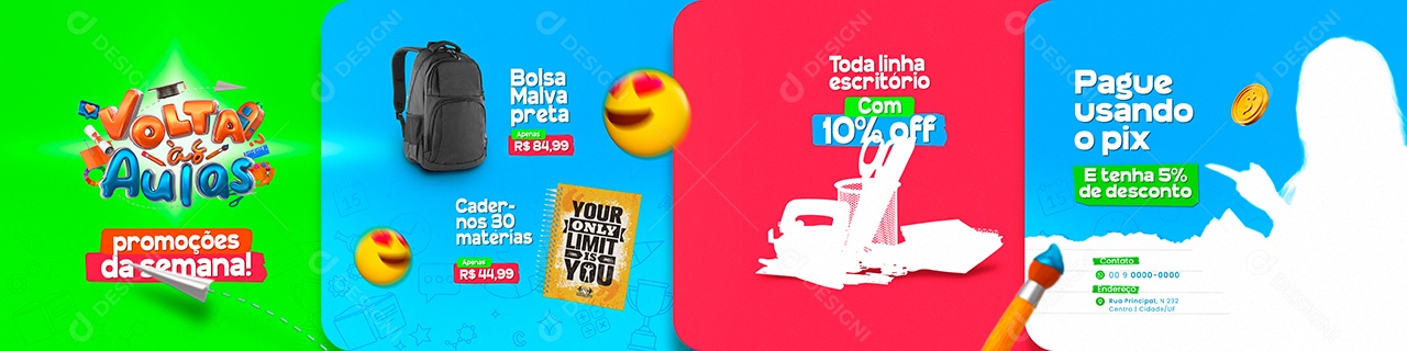 Campanha Publicitária Volta às Aulas Papelaria Promoções Carrossel Social Media PSD Editável