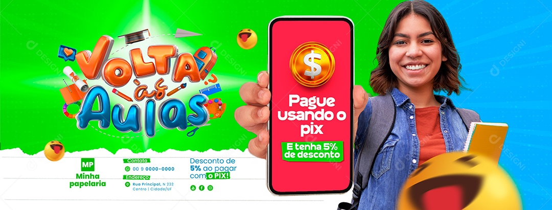 Campanha Publicitária Volta às Aulas Papelaria Pague Usando o Pix Social Media PSD Editável