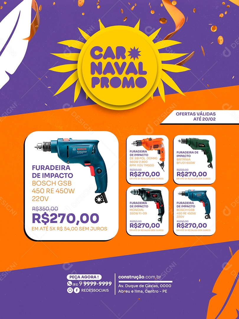 Encarte de Construção Carnaval Promo Social Media PSD Editável