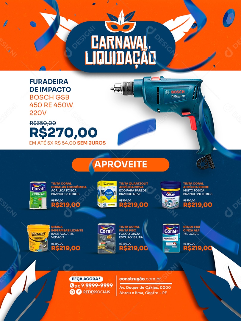 Encarte de Construção Carnaval Liquidação Social Media PSD Editável