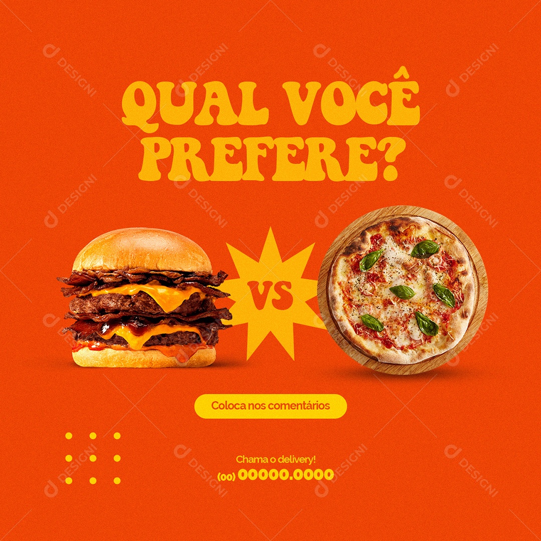 Qual Você Prefere Hambúrguer ou Pizza Lanchonete Social Media PSD Editável