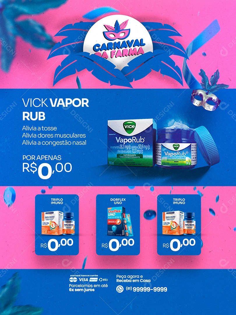 Encarte da Farma Vick Vapor Rub Carnaval Farmácia Social Media PSD Editável