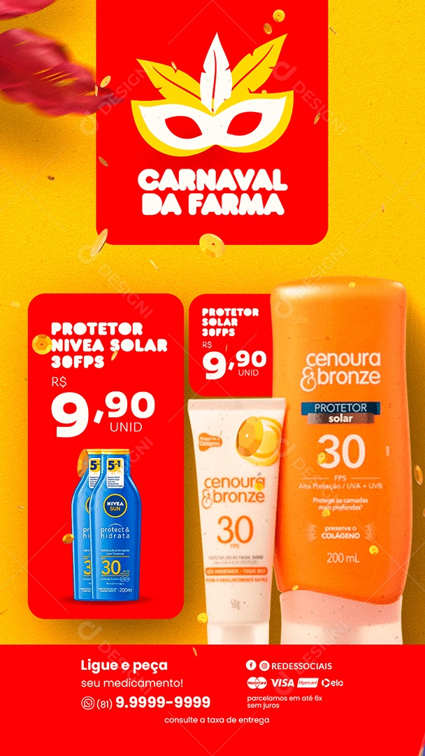 Story Encarte da Farma Protetor Solar Carnaval Farmácia Social Media PSD Editável