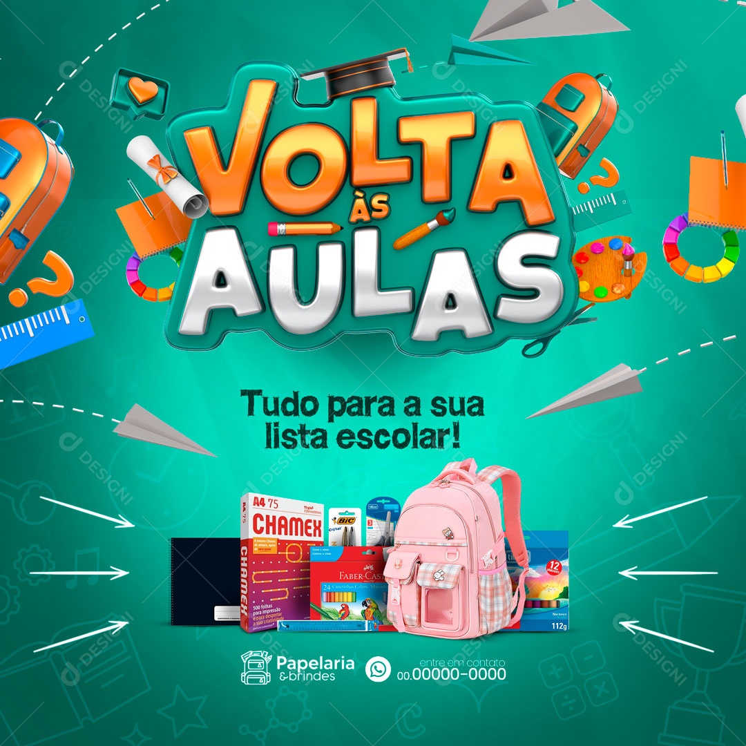 Volta Às Aulas Tudo Para Sua Lista Escolar!  Papelaria Social Media PSD Editável