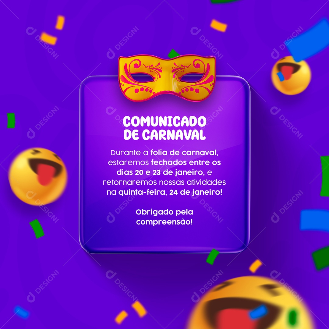 Comunicado de Carnaval Feriado Social Media PSD Editável