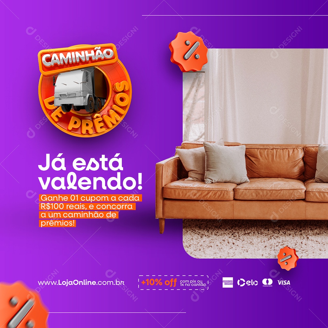 Campanha Publicitária Caminhão de Prêmios Loja Imobiliária Cupom Social Media PSD Editável