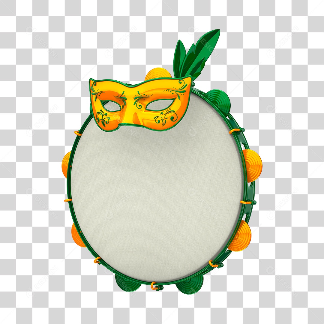 Pandeiro e Máscara de Carnaval Elemento 3D Amarelo e Verde PNG Transparente