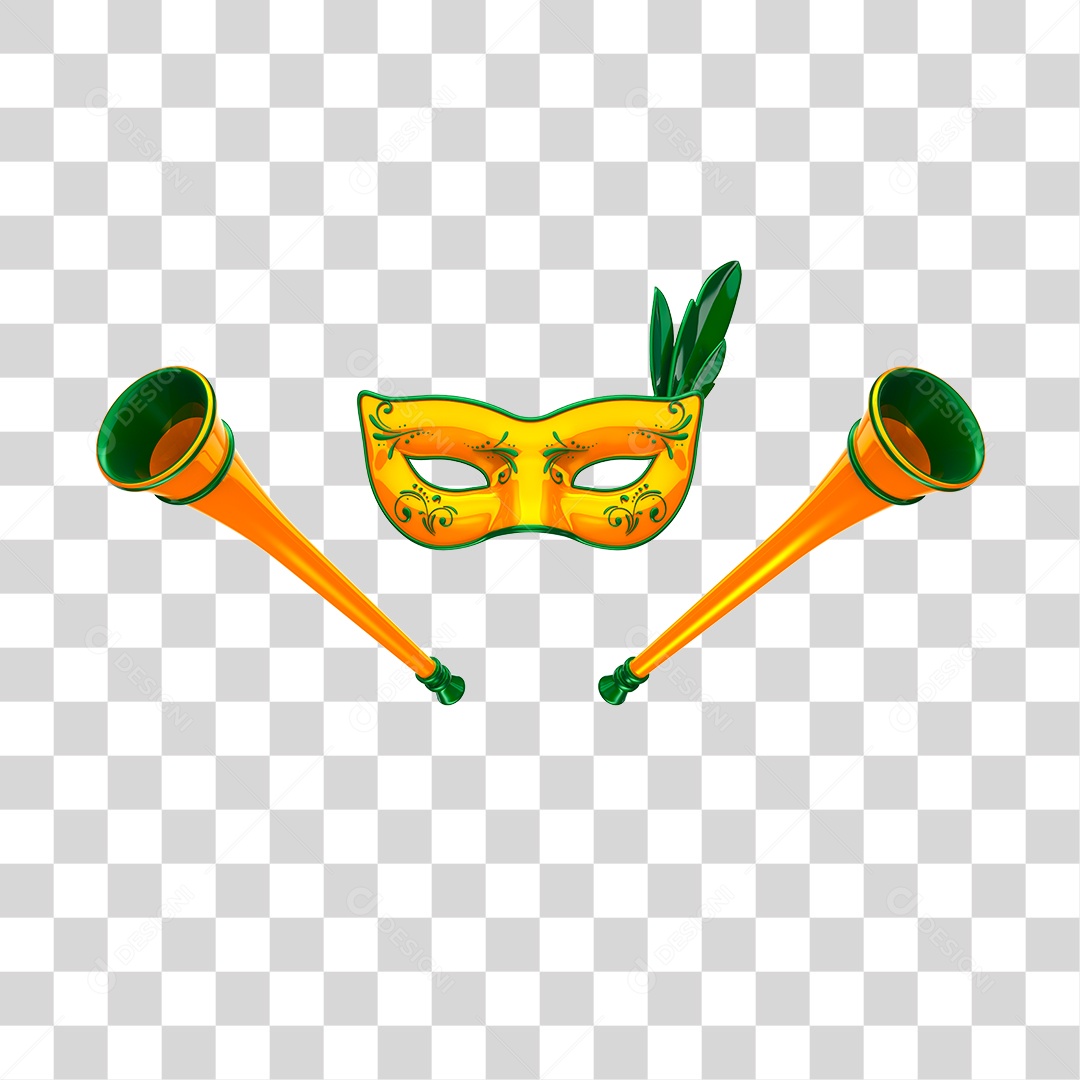 Máscara e Vuvuzela de Carnaval Elemento 3D Amarelo e Verde PNG Transparente