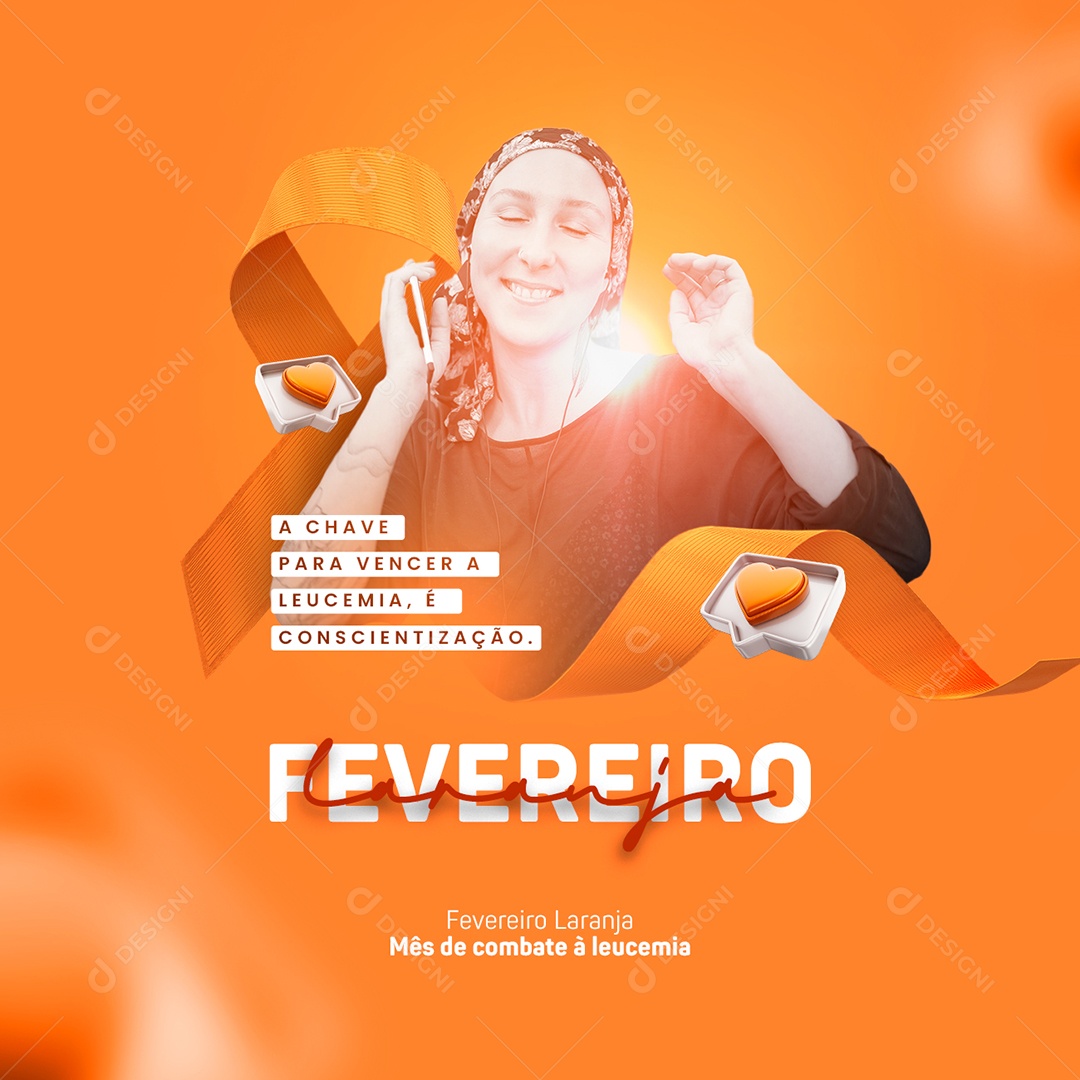 A Chave para Vencer a Leucemia é Conscientização Fevereiro Laranja Social Media PSD Editável