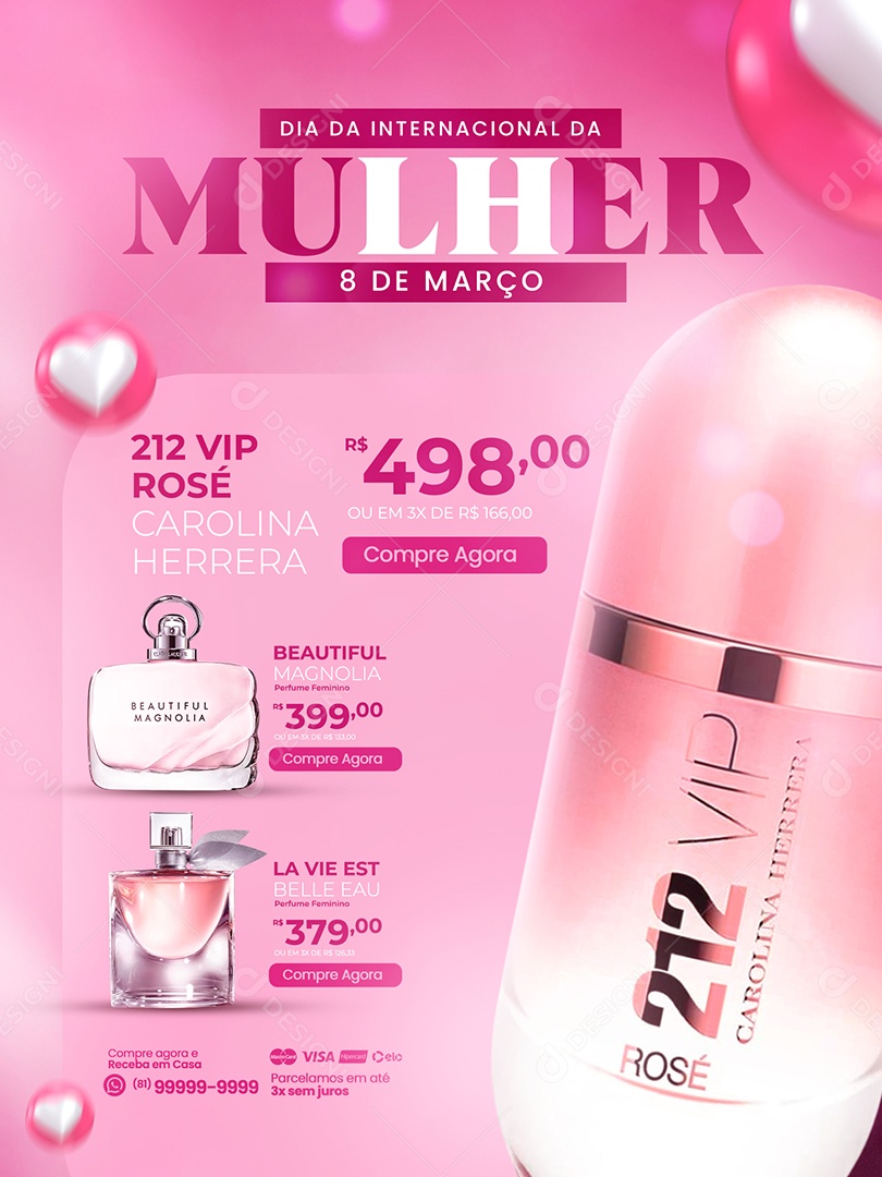 Encarte Perfumaria 212 Vip Rose Carolina Herreira Dia Internacional Da Mulher Social Media PSD Editável