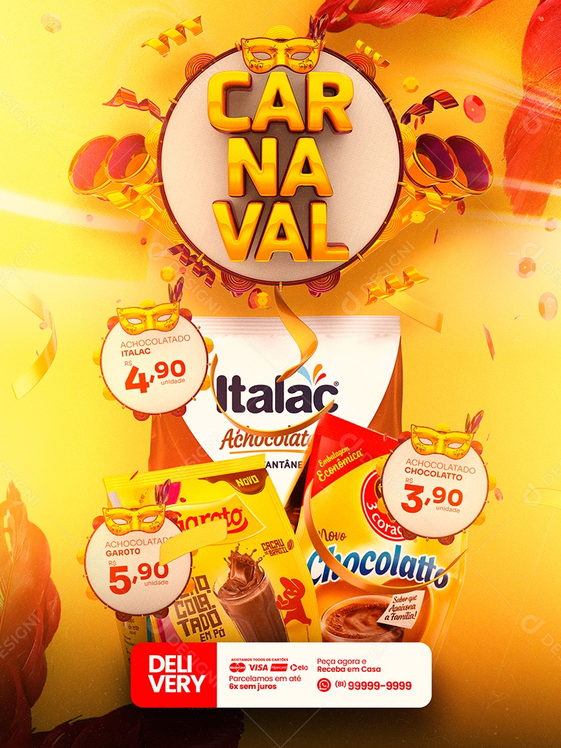 Encarte Carnaval Italac Supermercado Social Media PSD Editável