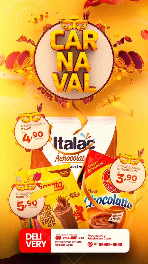 Story Encarte Carnaval Italac Supermercado Social Media PSD Editável