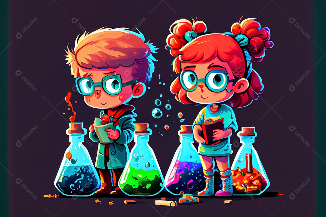 Desenhos animados crianças ciência experimentando produtos químicos Dia  Nacional da Ciência [download] - Designi
