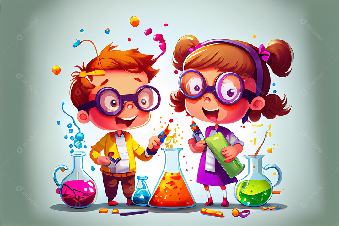 Desenhos animados crianças ciência experimentando produtos químicos Dia  Nacional da Ciência [download] - Designi
