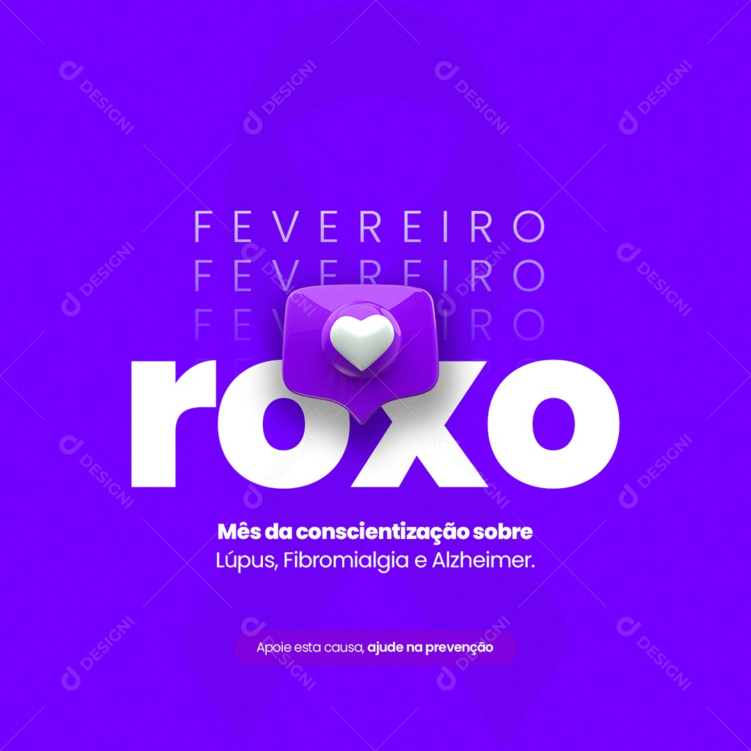 Mês da Conscientização Sobre Lúpus Fibromialgia e Alzheimer Fevereiro Roxo Social Media PSD Editável