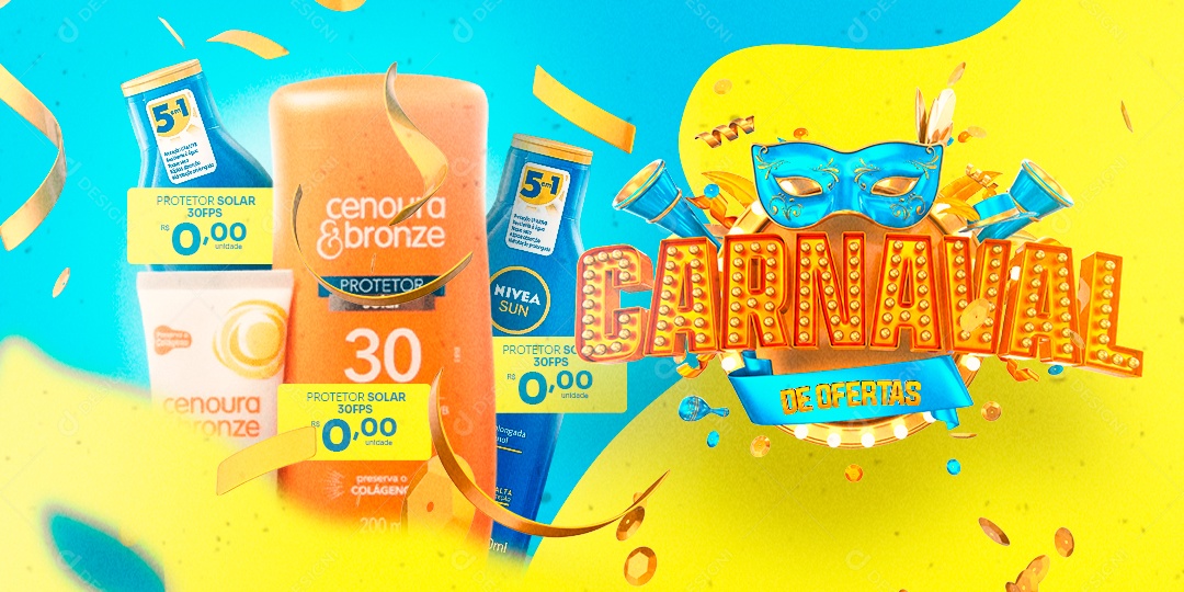 Banner Carnaval de Ofertas Protetor Solar 30 FPS 0,00 Farmácia Social Media PSD Editável