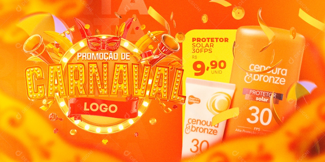 Banner Promoção de Carnaval Remédio Protetor Solar 30 FPS 9,90 Farmácia Social Media PSD Editável