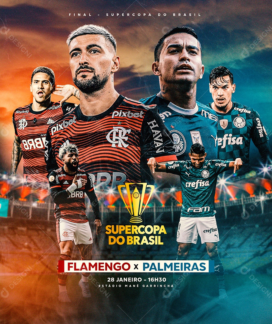 Post Jogo de Futebol Supercopa Palmeiras e Flamengo Social Media PSD  Editável [download] - Designi