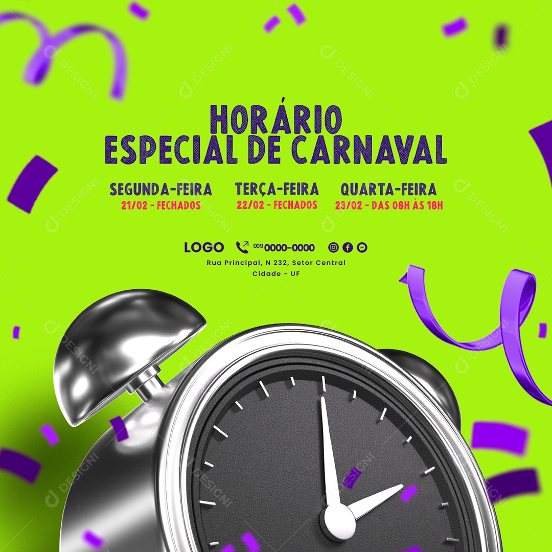 Horário Especial de Carnaval Comunicado Feriado Social Media PSD Editável