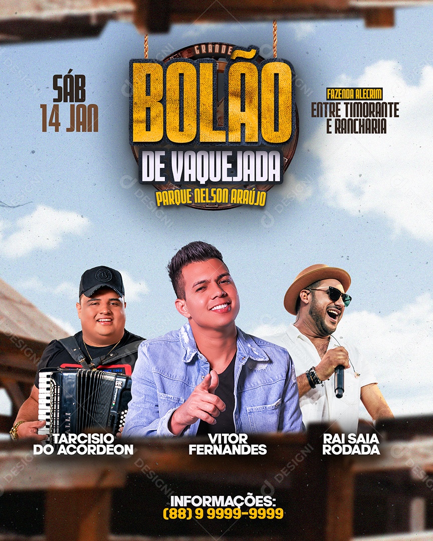 Bolão De Vaquejada Tarcísio do Acordeon Vitor Fernandes Raí Saia Rodada Flyer Social Media PSD Editável