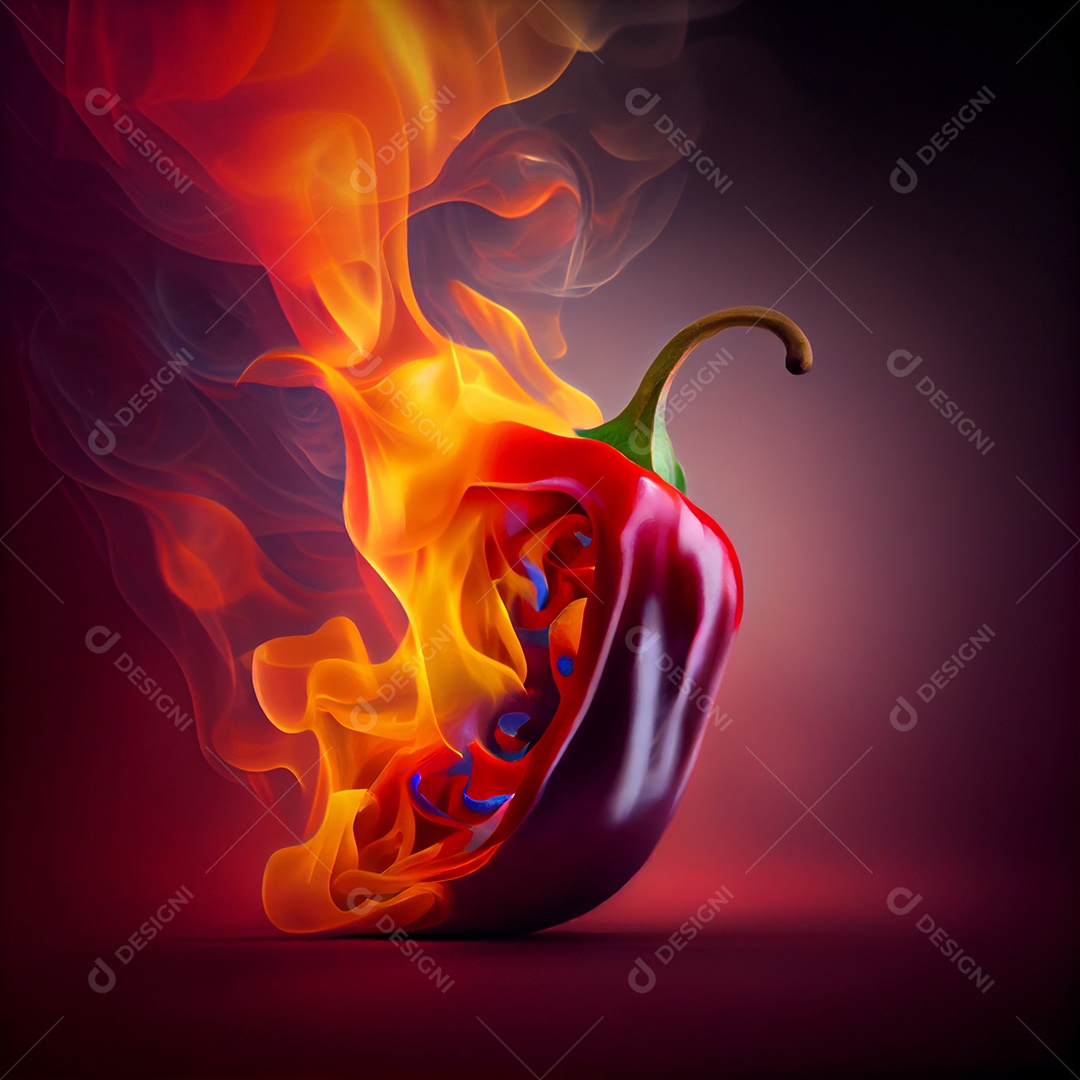 Pimenta malagueta vermelha com fogo no fundo branco