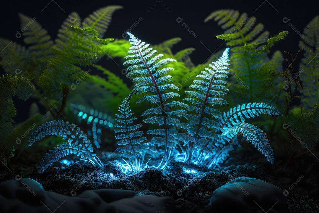 Floresta encantada de conto de fadas iluminada por grandes árvores de  bioluminescência, lua e bela vegetação. Pintura digital [download] - Designi