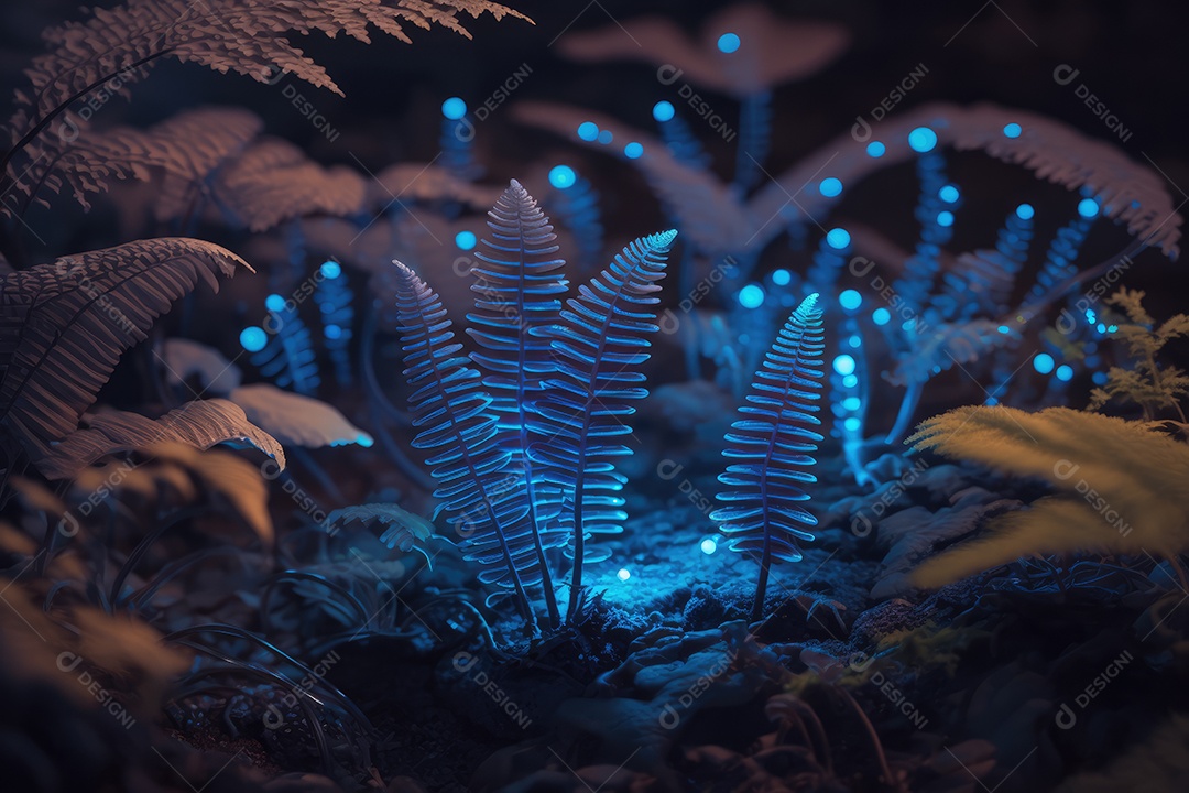Floresta encantada de conto de fadas iluminada por grandes árvores de  bioluminescência, lua e bela vegetação. Pintura digital [download] - Designi