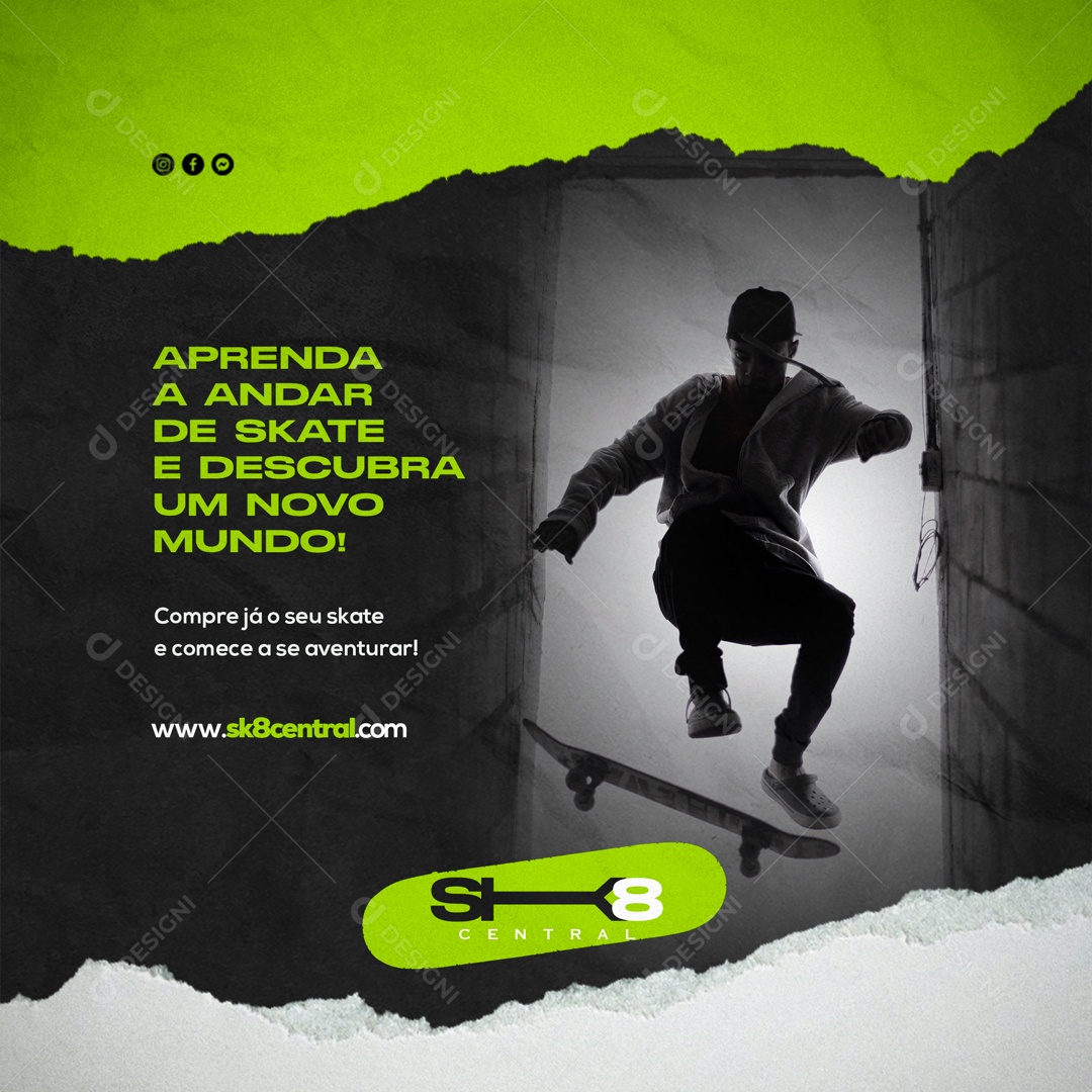 Aprenda a Andar de Skate e Descubra um Novo Mundo. Loja de Skate Social Media PSD Editável