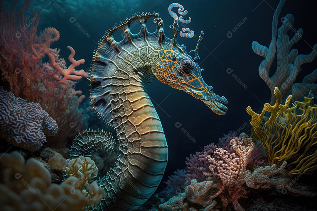 Um cavalo-marinho colorido está na frente de um recife de coral.