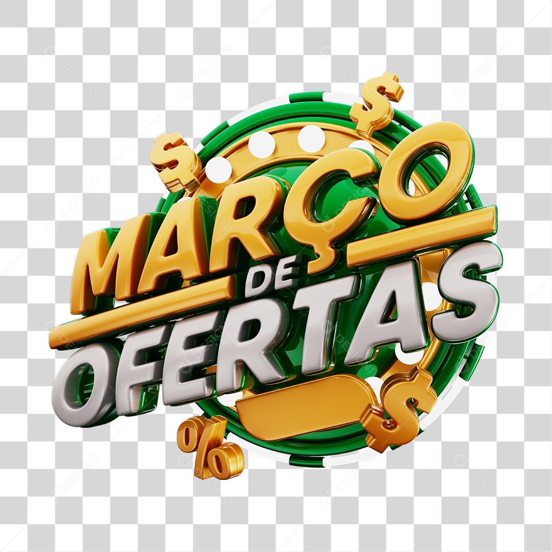 Março de Ofertas Selo 3D Verde e Dourado Para Composição PNG Transparente