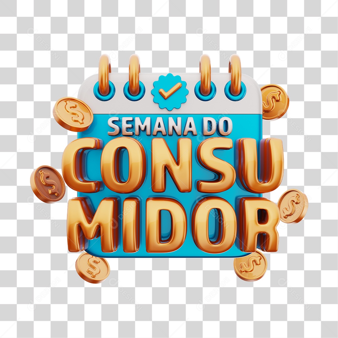 Semana Do Consumidor Selo 3D Azul e Dourado Para Composição PNG Transparente