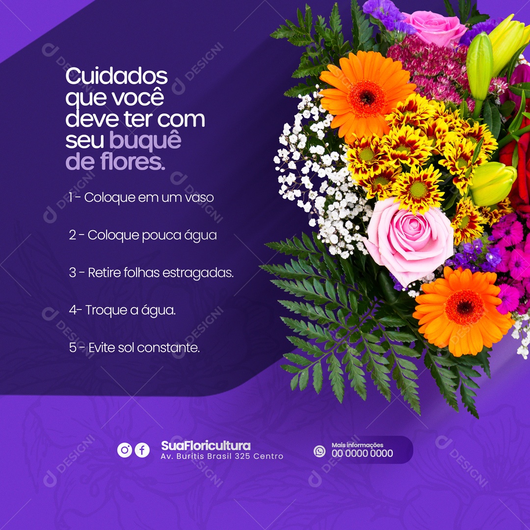 Cuidados Que Você Deve Ter Com Seu Buquê de Flores. Floricultura Social Media PSD Editável