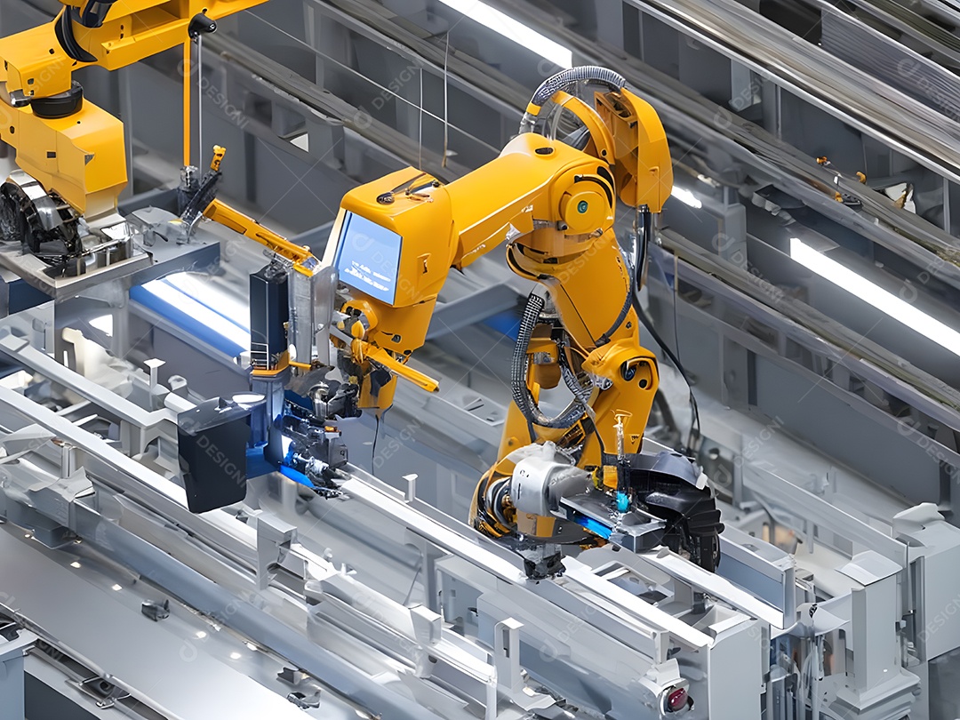 O braço robótico industrial moderno de alta tecnologia na linha de ...