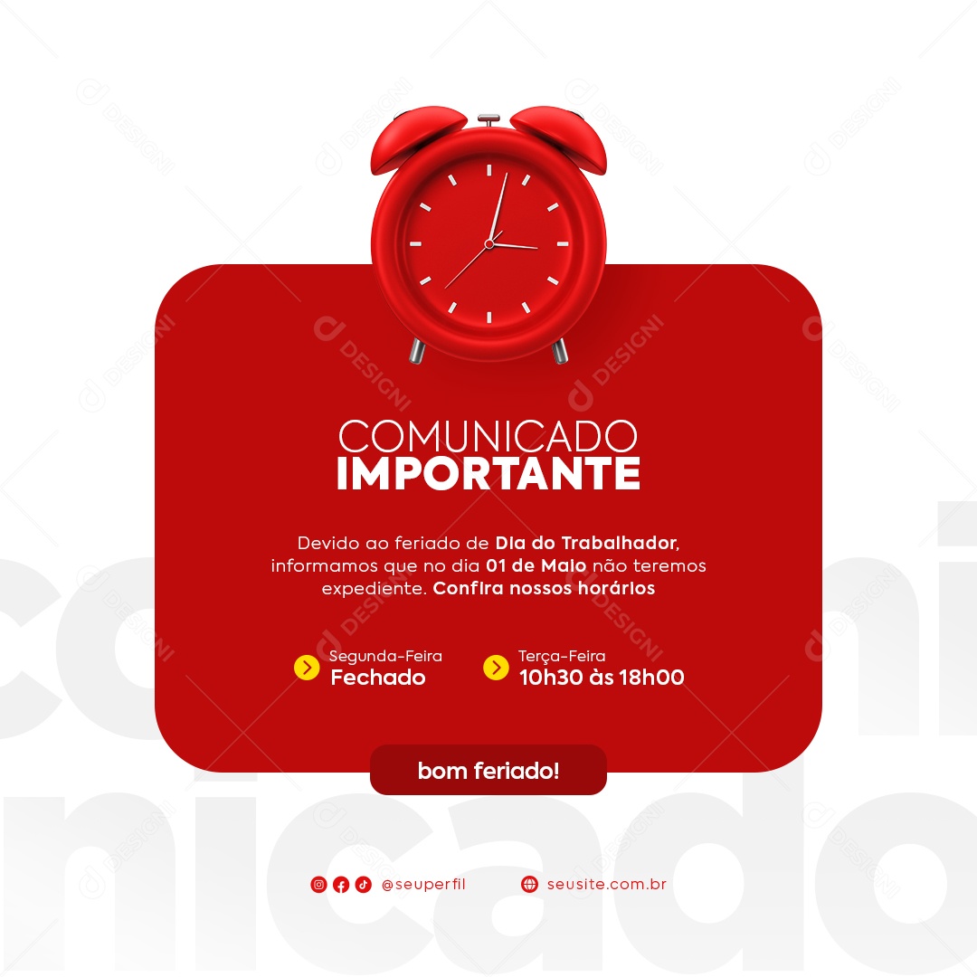 Comunicado Importante Feriado Dia Do Trabalhador Social Media Psd Edit Vel Download Designi