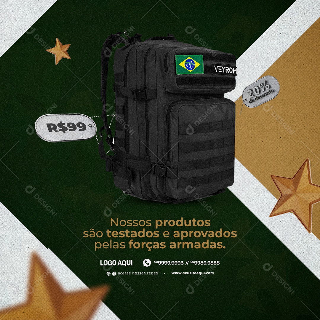 Nossos Produtos São Testados e Aprovados Pela Forças Armadas Acessórios Militares Social Media PSD Editável