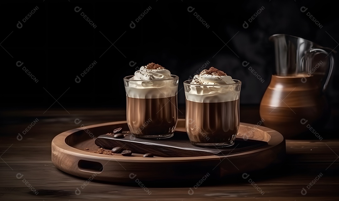 Copo de vidro capuccino sobre uma mesa de madeira