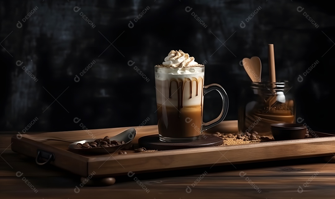 Copo de vidro capuccino sobre uma mesa de madeira