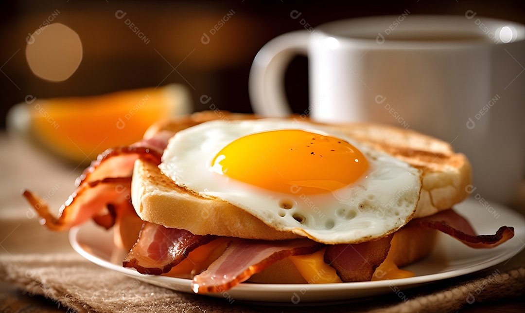 Mesa de café da manha com pão ovo com fatias de bacon