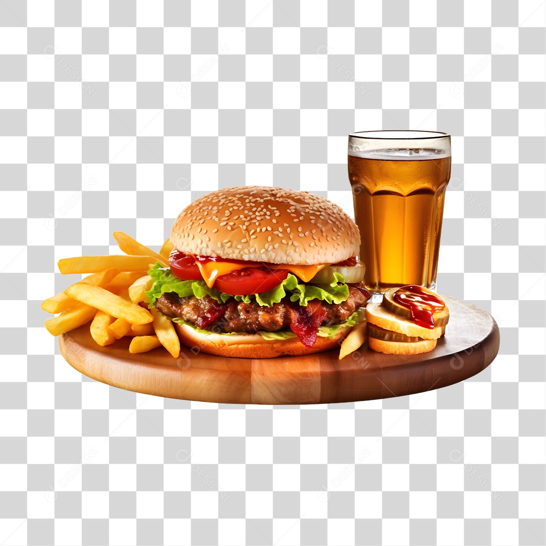 Hamburguer Com Cerveja E Batata Frita  PNG Transparente