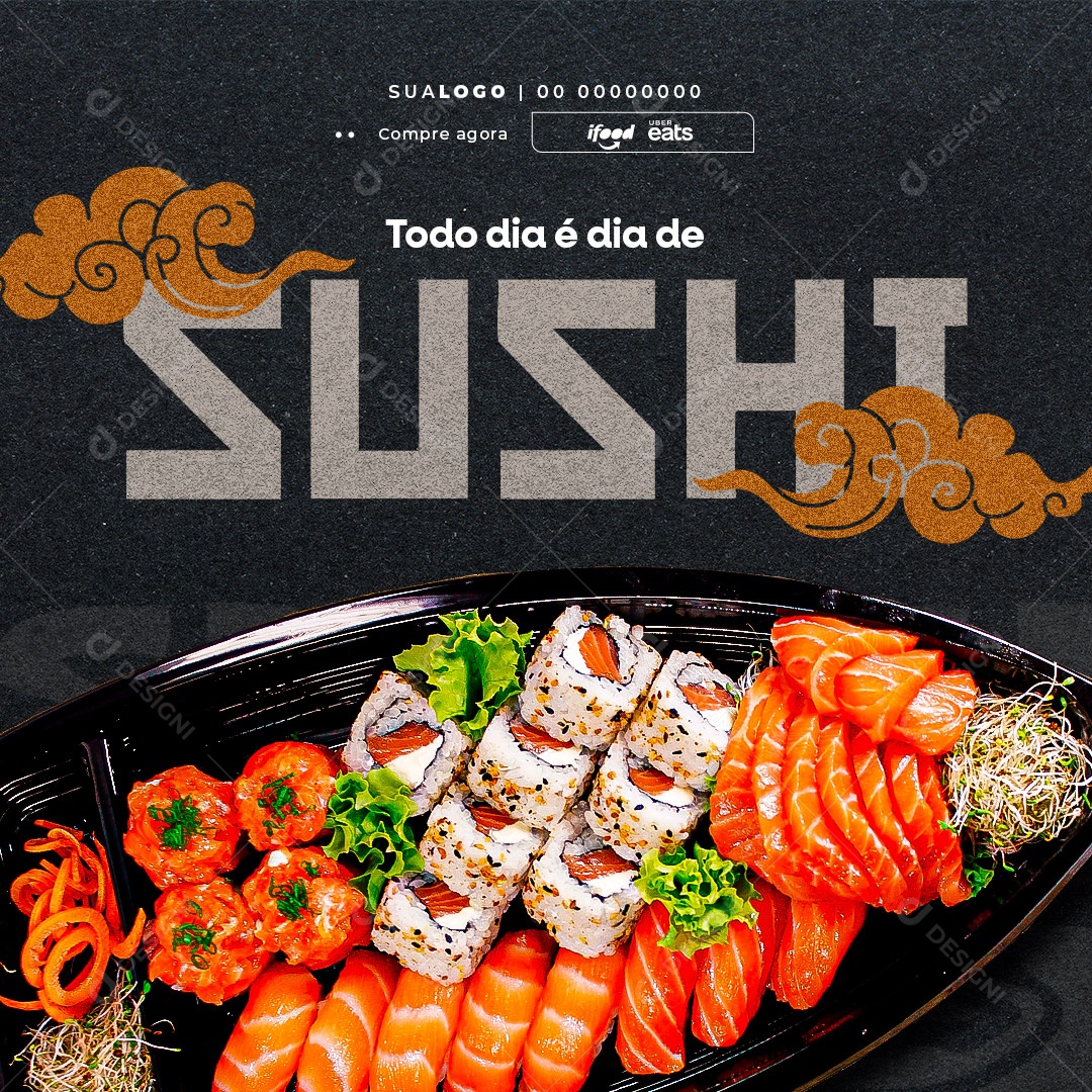 Todo Dia é Dia de Sushi. Restaurante Japonês Social Media PSD Editável