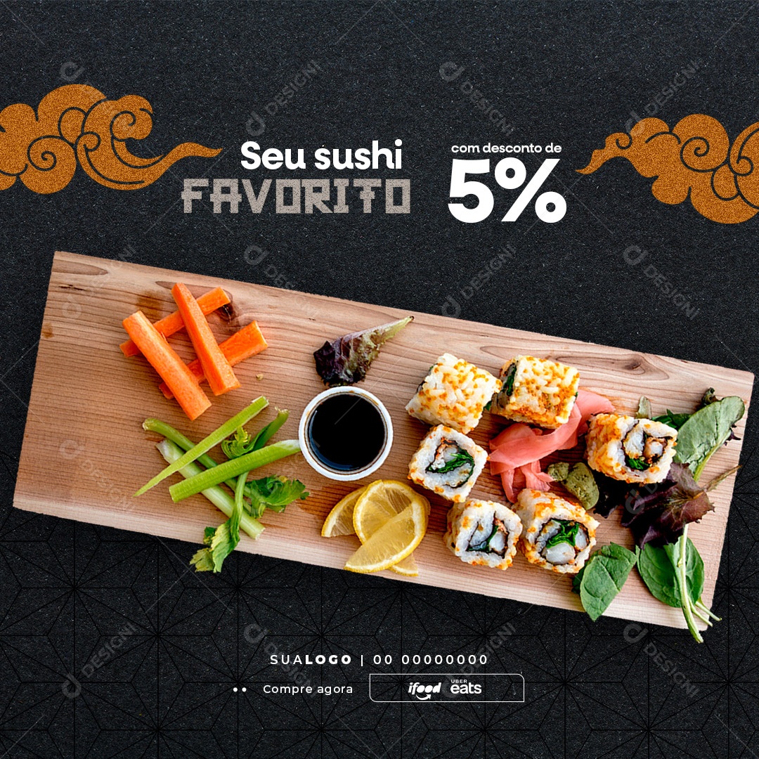 Seu Sushi Favorito Restaurante Japonês Social Media PSD Editável