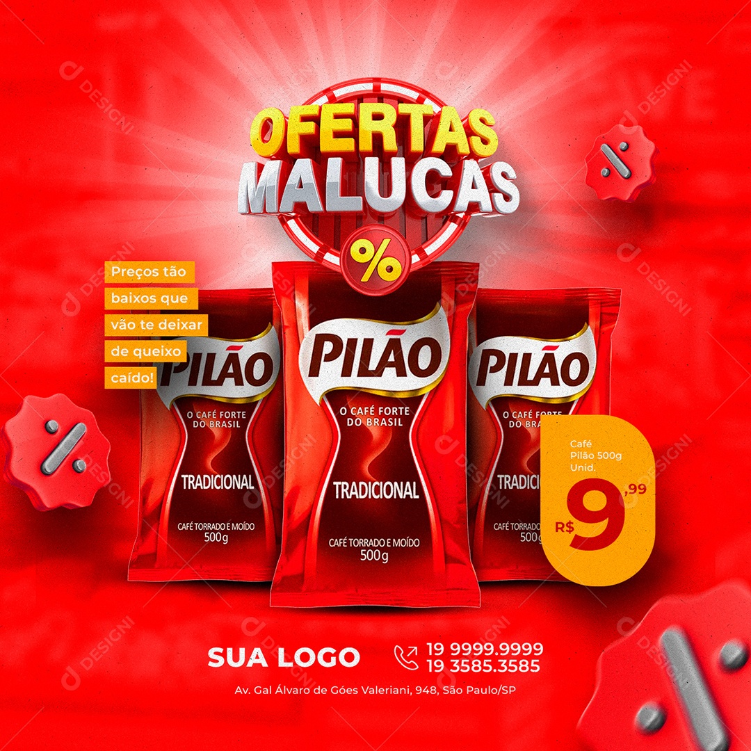 Ofertas Malucas Café Pilão 500g 9,99 Supermercado Social Media PSD Editável